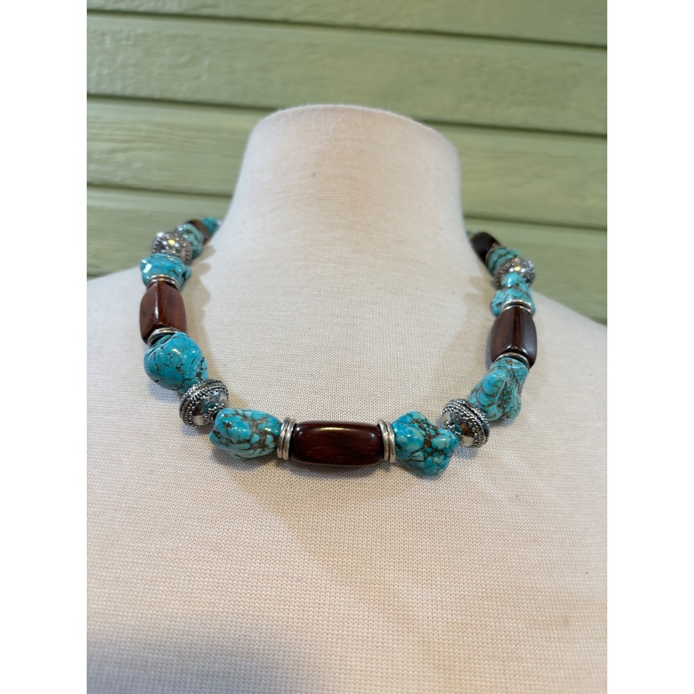 Handmade Chunky Turquoise Stone and Wood Bead Statement Necklace Silver Accents